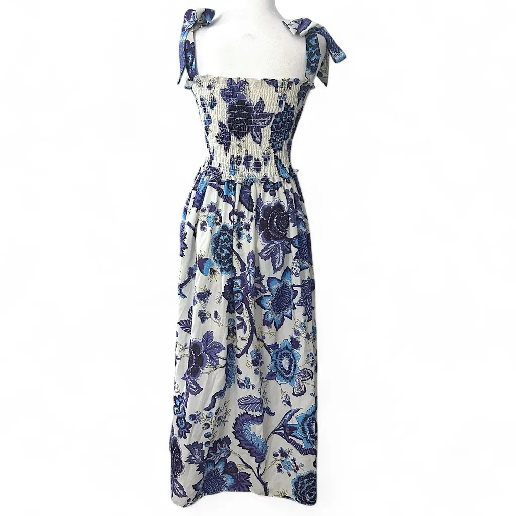 Smocked Blue and White Floral Bow Strap Maxi Dress Chinoiserie Style Small - Image 6