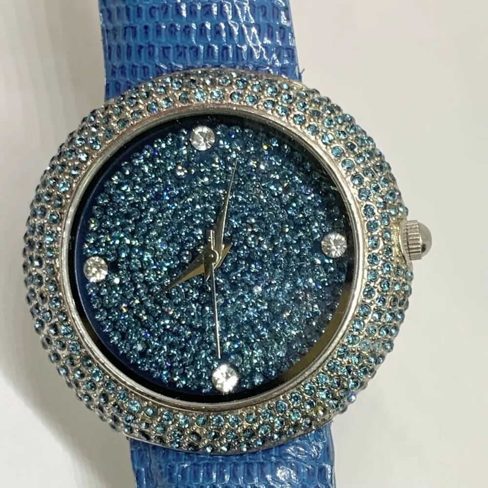 Sigal women’s quartz analog watch blue crystals dial bezel 39mm silver tone runs - Image 2