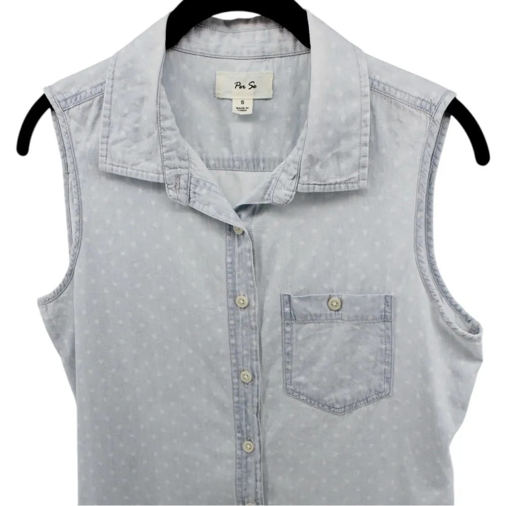 Per Se Baby Blue White Polka Dot Chambray Button up Vest Country Rodeo Size S - Image 4