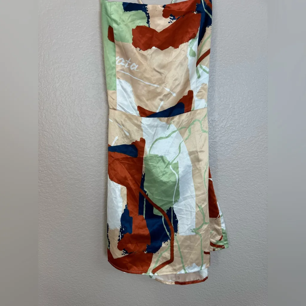 Emrata Inamorata Varick Slip Mini Dress size XS Tan Navy Green Multi - Image 6