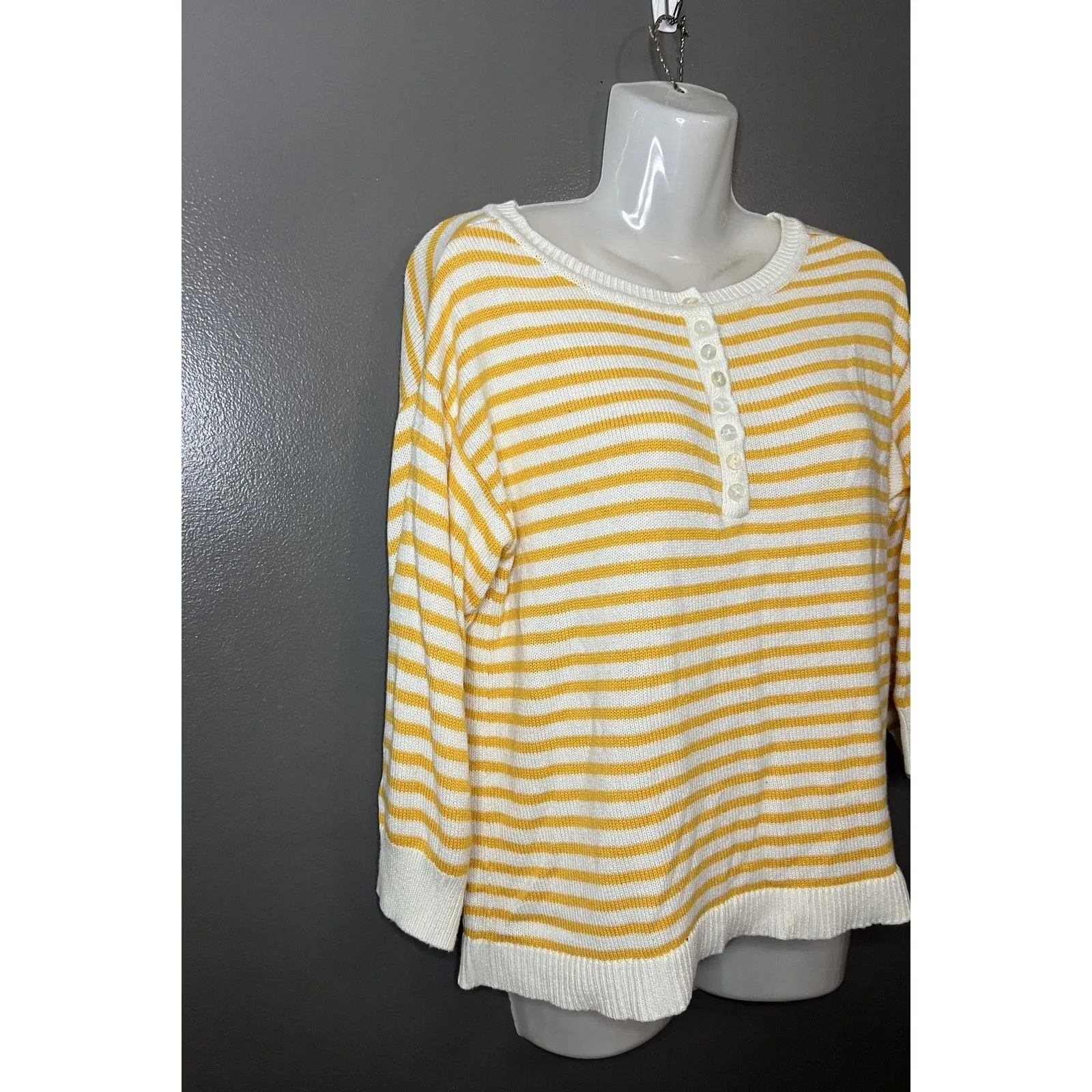 Candace Cameron Bure Sweater Womens XXS Yellow White Stripe Henley Knit Top - Image 2
