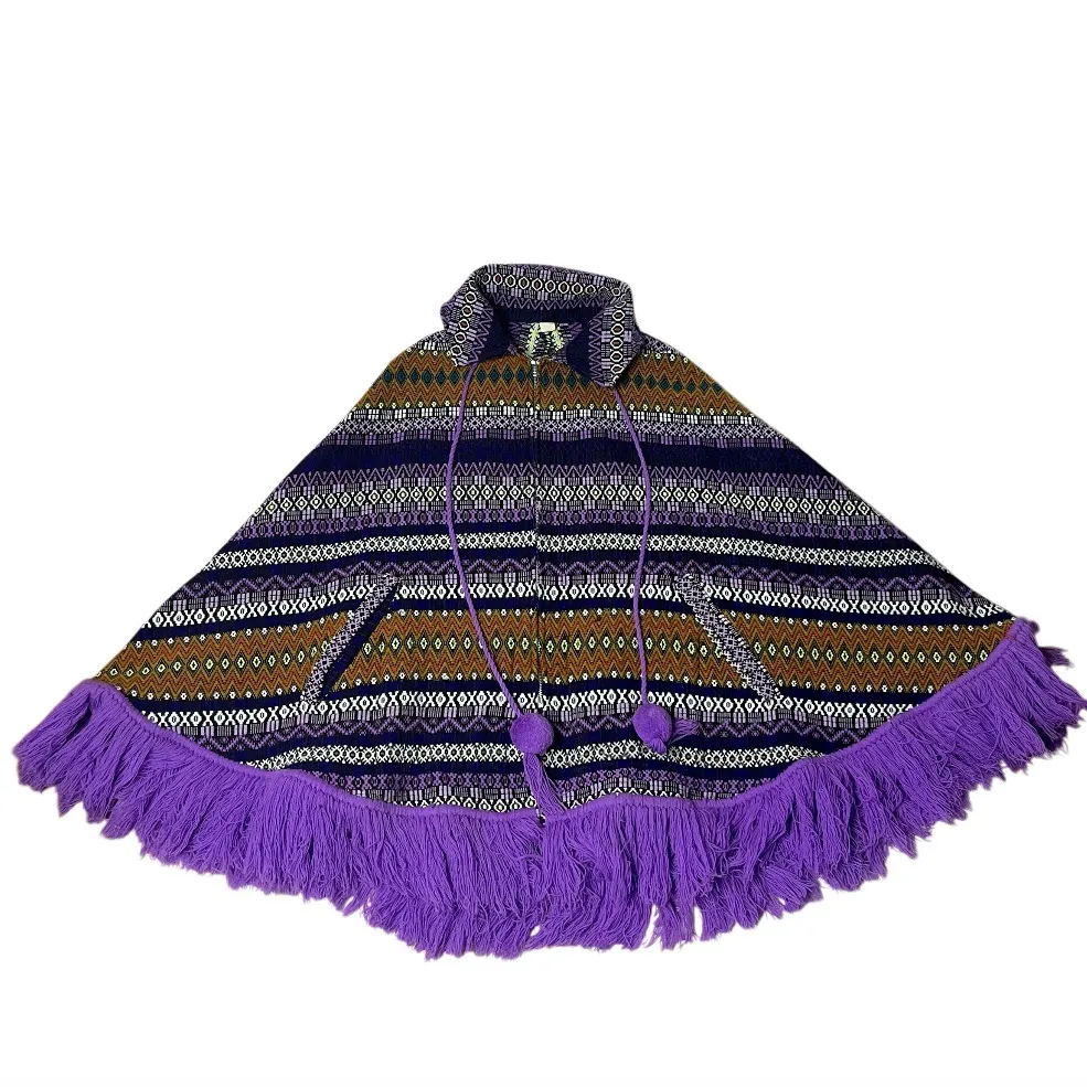 VINTAGE Poncho Full Zip Arm Holes Collar Purple Print Fringe Pom Poms One Size Size undefined - Image 5