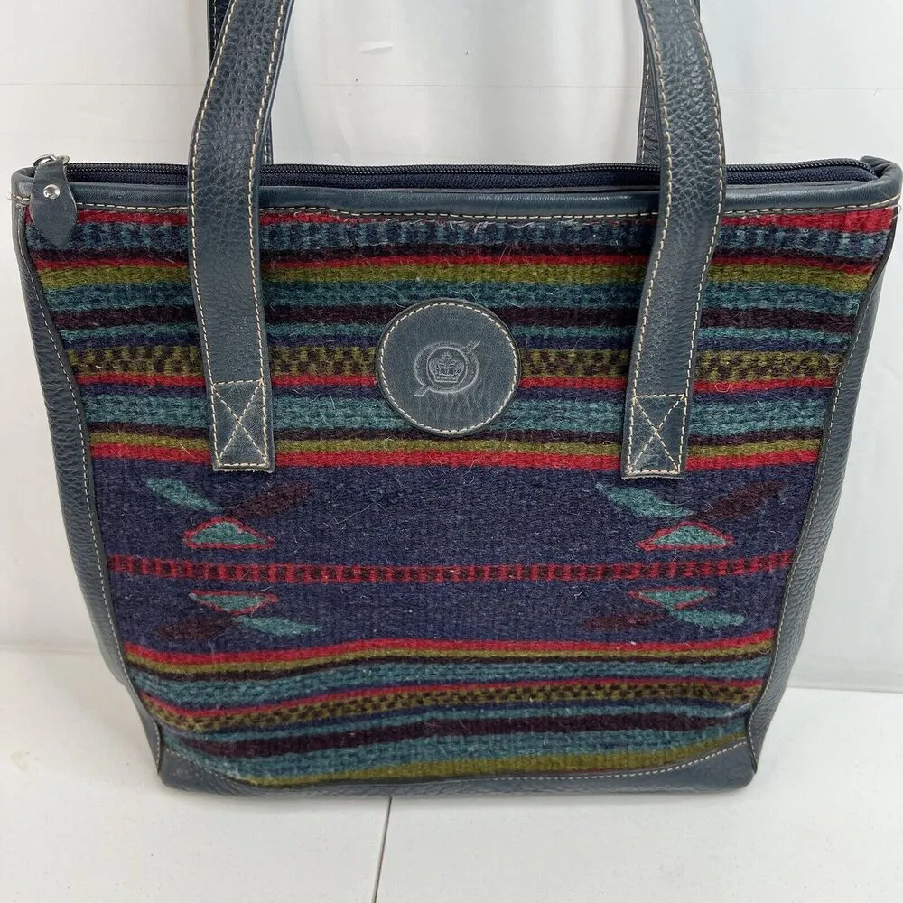 BORN Southwestern Aztec Tote Boho Wool Leather Shopper Blanket Bag Navy - Image 5