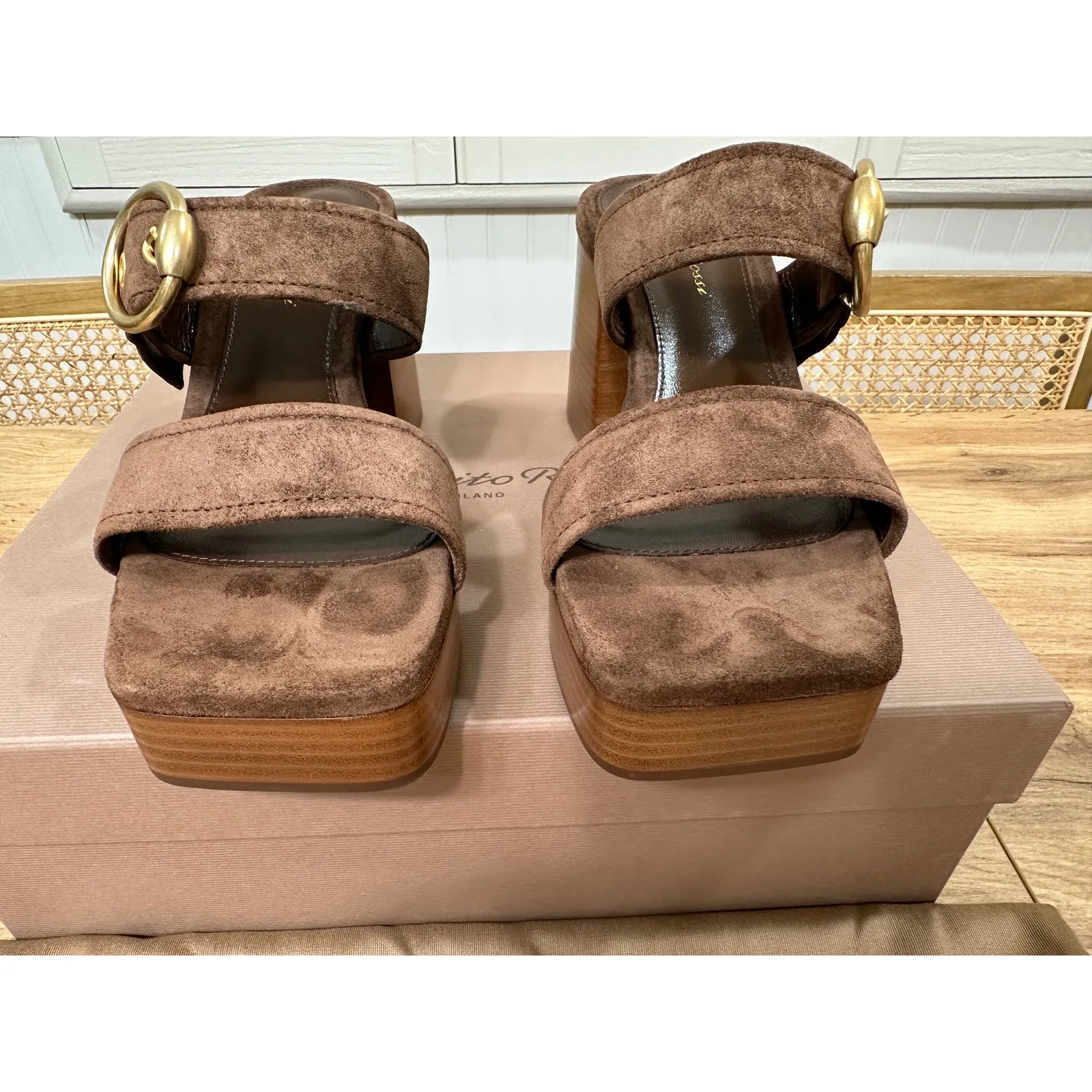 Gianvito Rossi Suede Buckle Dual-Band Platform Slide Sandals 7.5 US 37.5 EU NIB - Image 7