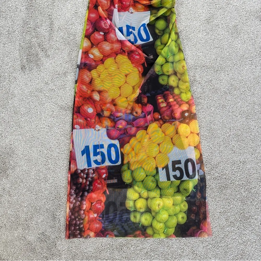 Zara Ruched Mesh Maxi Dress Strappy Sleeveless Fruit Stand Print Colorful Size S - Image 7