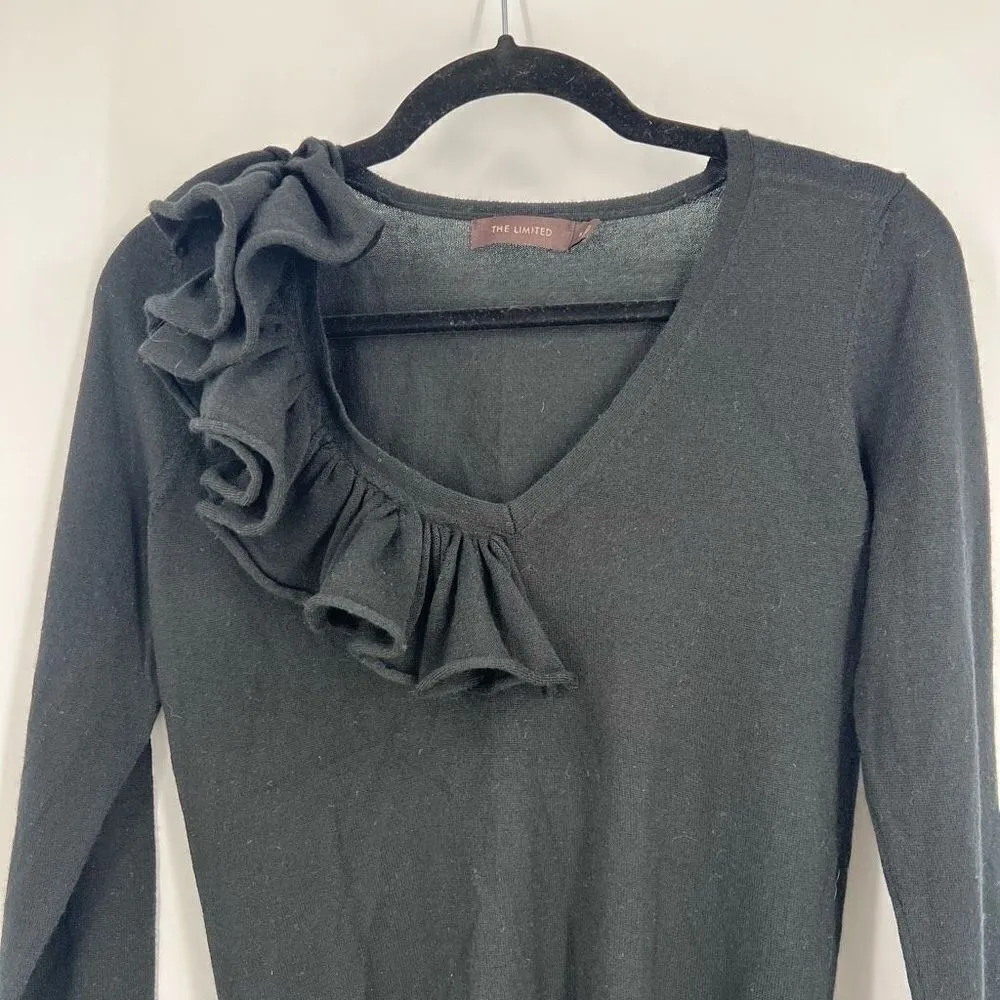 Limited Ruffle Merino Wool Blend Lightweight Sweater small career top‎ black - Image 2