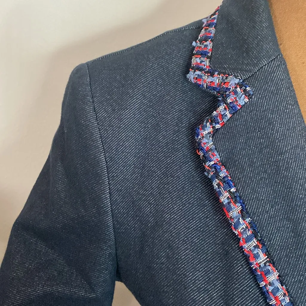 7th Avenue New York & Co denim like tweed ribbon trimmed tailored blazer size S Blue - Image 12