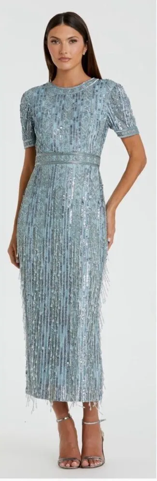 Mac Duggal 5980 Blue High Neck Short Sleeve Crystal Fringe Column Dress - Image 2