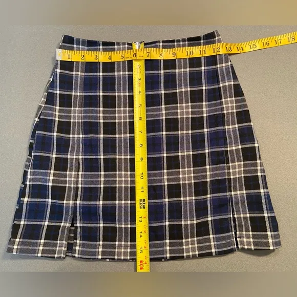 Brandy Melville, Blue Plaid Skirt, Double Vents in‎ Front, zipper, O/S - Image 4