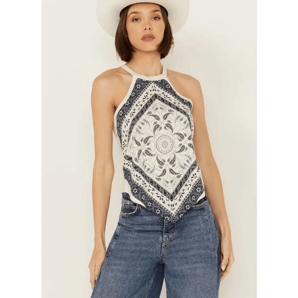 Shyanne White Blue Paisley Bandana‎ Print Halter Style Tank Top Large - Image 7