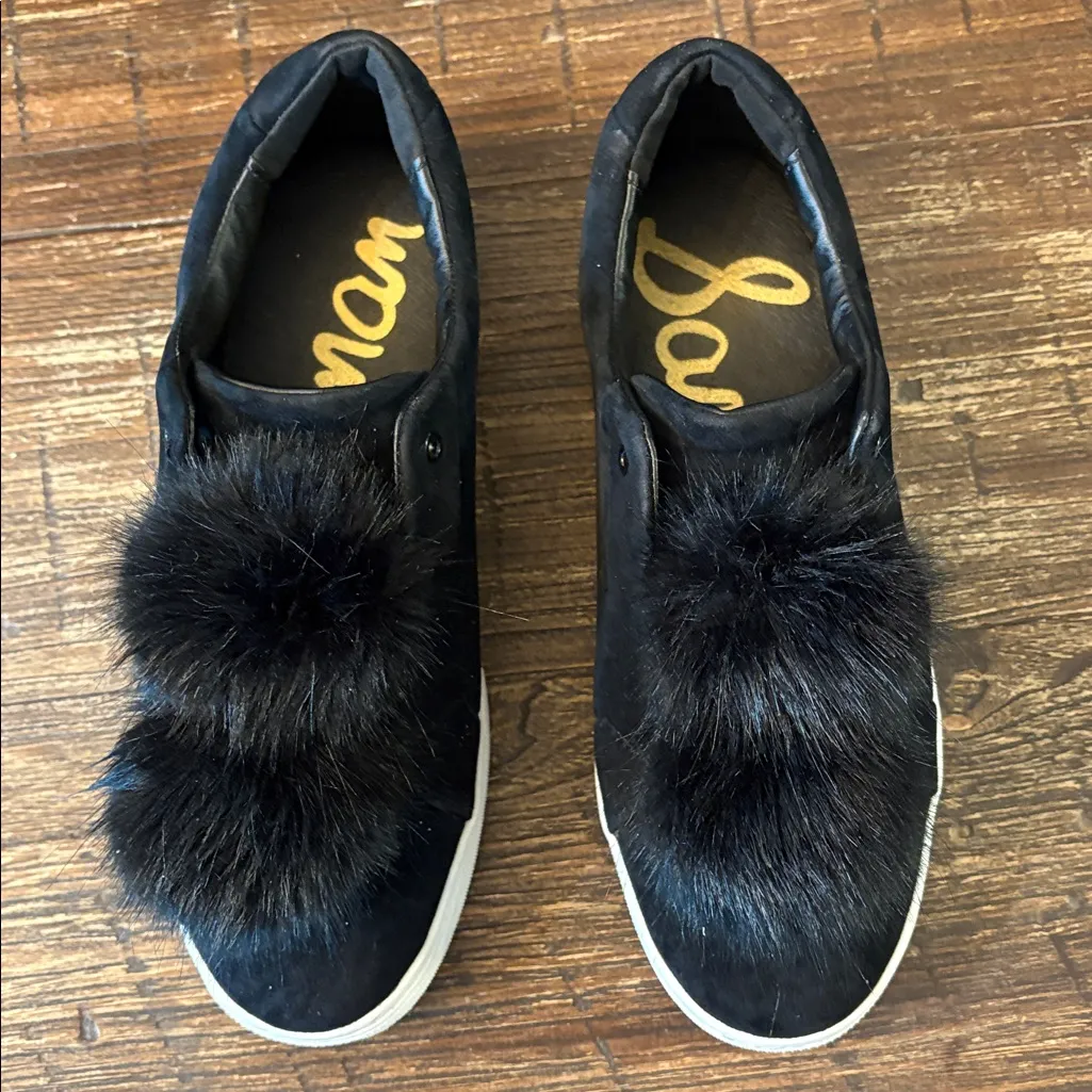 Sam Edelman Leya Sneakers Size 10 Black Slip On Faux Fur Pom Pom Platform - Image 2