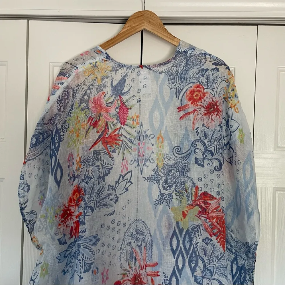 Chico’s Ikat Floral Ruana Wrap Sz S/M Linen Open Front Fringe Hem - Image 16
