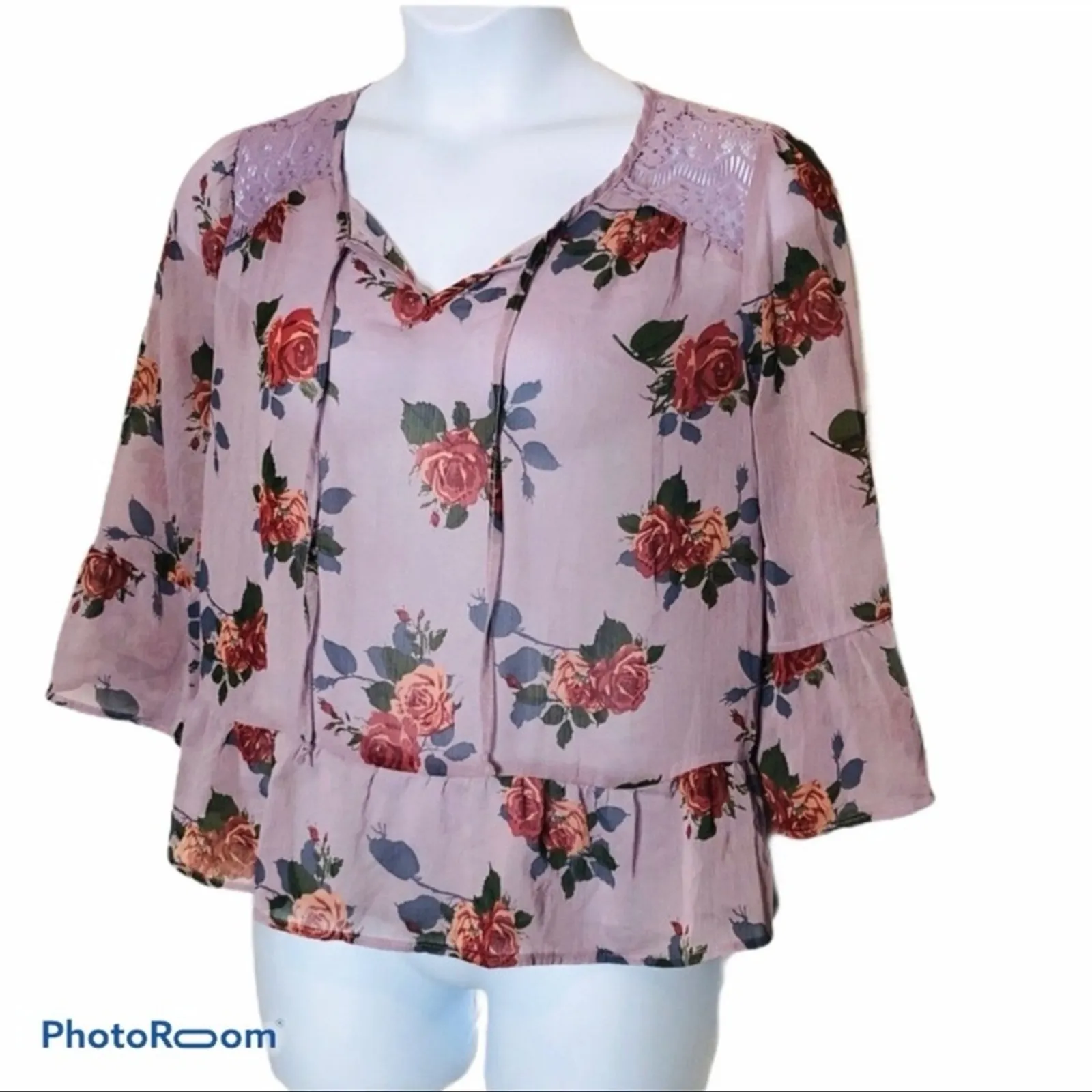 Self Esteem Y2K Floral Peplum Hem Bell Sleeve Blouse – Medium, Lace Detail - Image 2