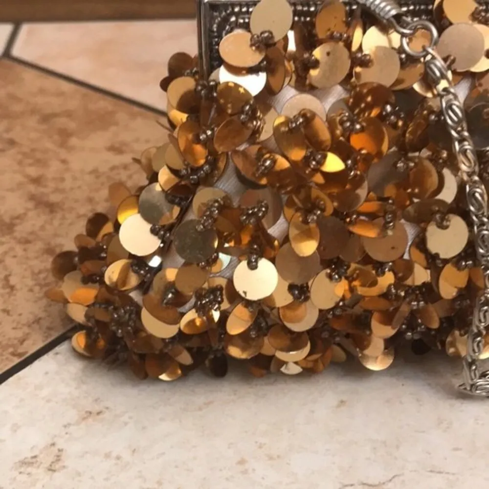 Vintage Y2K gold sequin beaded clutch cocktail purse evening bag with chain - Image 4