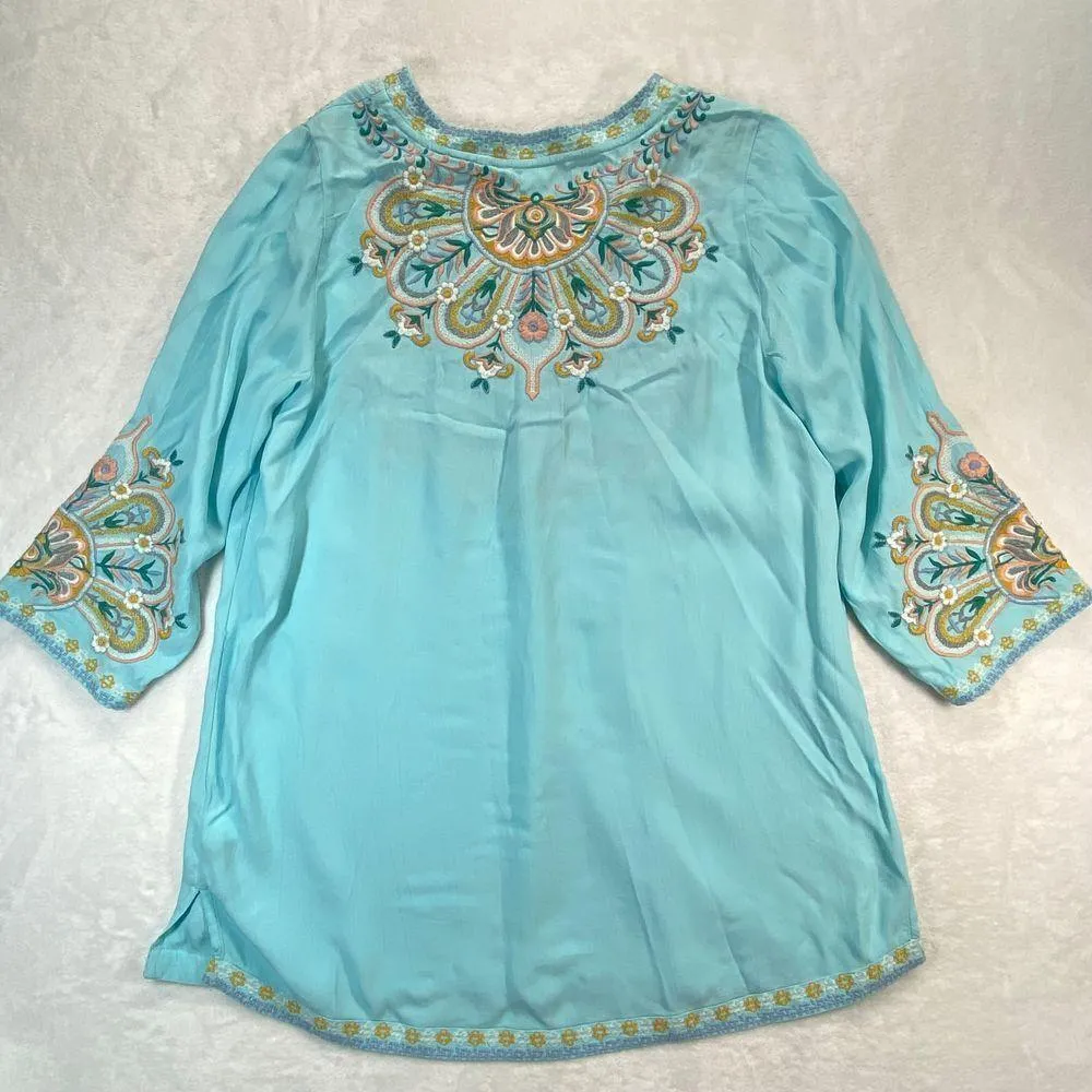Soft Surroundings Turquoise Embroidered Tunic Top Boho Paisley Floral Pattern XS - Image 7