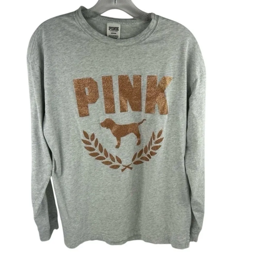 Victoria's Secret PINK Gray Long Sleeve Shirt M Gold Glitter Dog Graphic… - Image 9