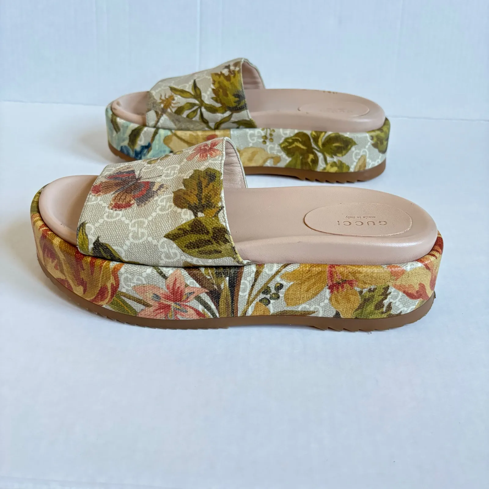 Gucci Angelina Platform Slide Sandals Beige GG Monogram Floral Canvas Size EU 38 - Image 7