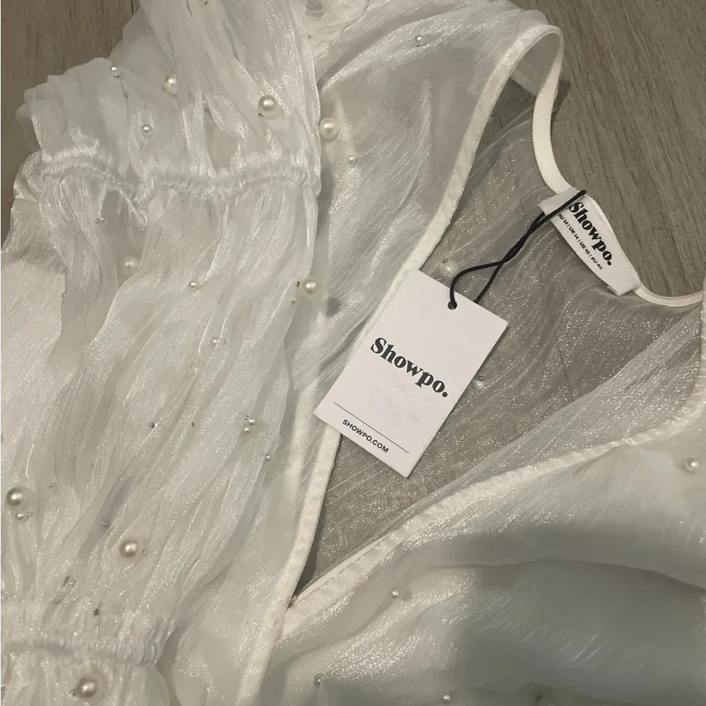 Showpo White Long Sleeve Dress with Pearl Accents Size M - Image 2