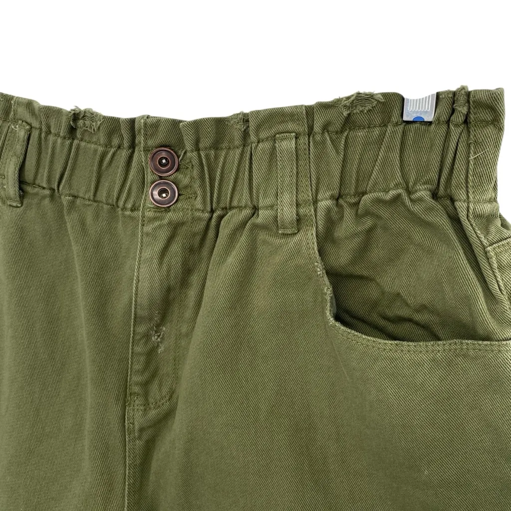 A Loves A Olive Green High Waisted Paperbag Elastic Waist Denim Shorts - Image 3