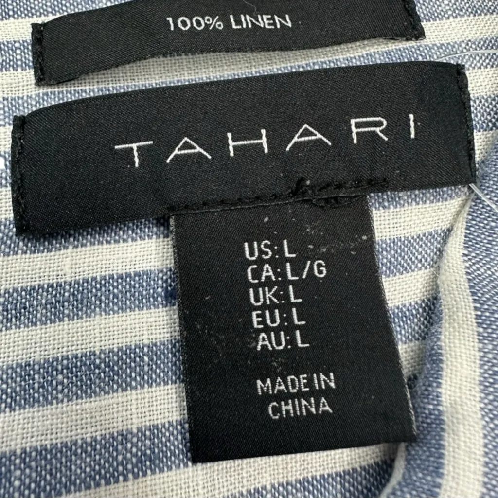 TAHARI 100% Linen Blue Striped Button-down Size L - Image 8
