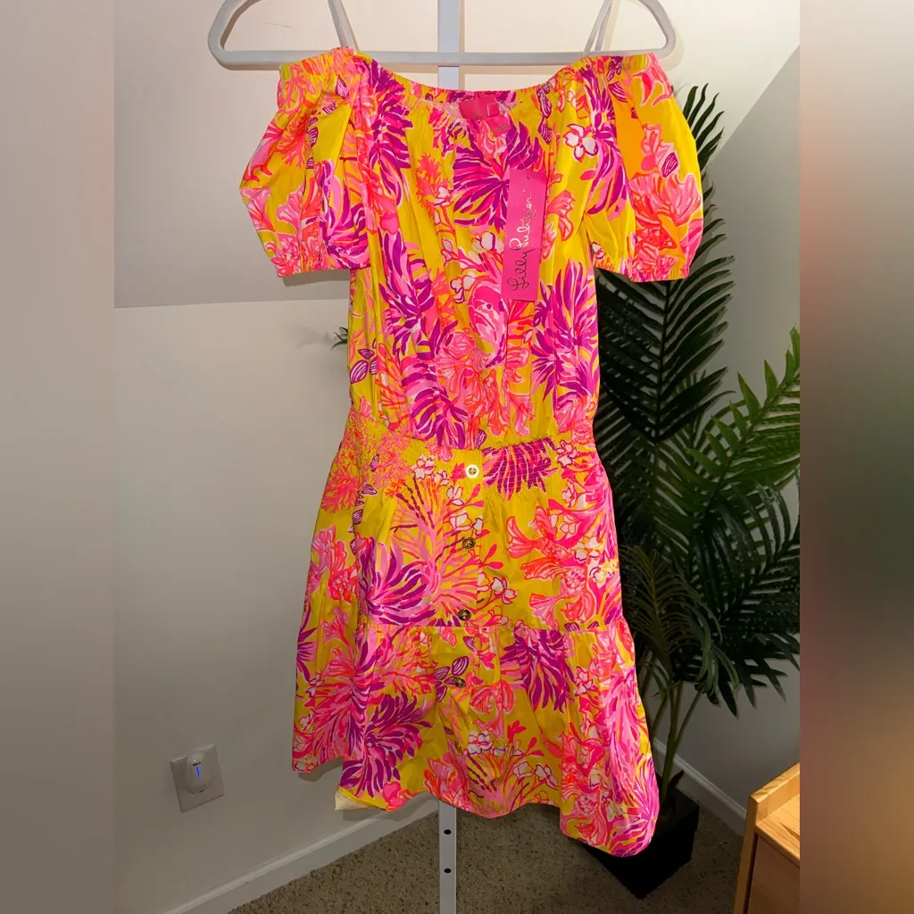Lilly Pulitzer Jesiba Off-The-Shoulder Romper Calla Yellow Floral Coral Small - Image 2