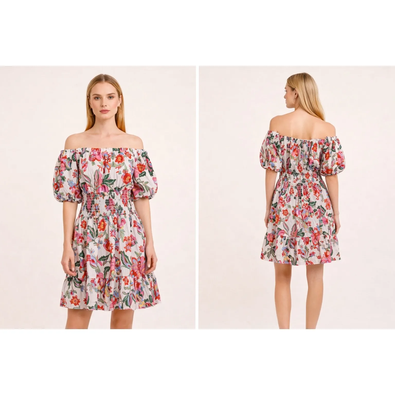 MISA Los Angeles Off The Shoulder Floral Smocked Waist Puff Sleeve Mini Dress L - Image 3