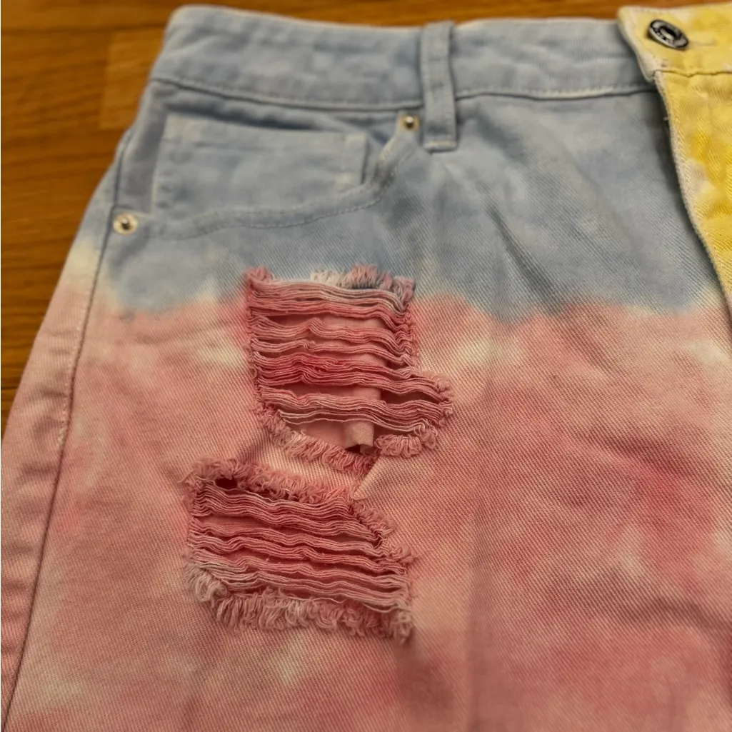Forever 21 Pastel Yellow Pink Blue Denim Colorful Distressed Summer Shorts Sz 31 - Image 5