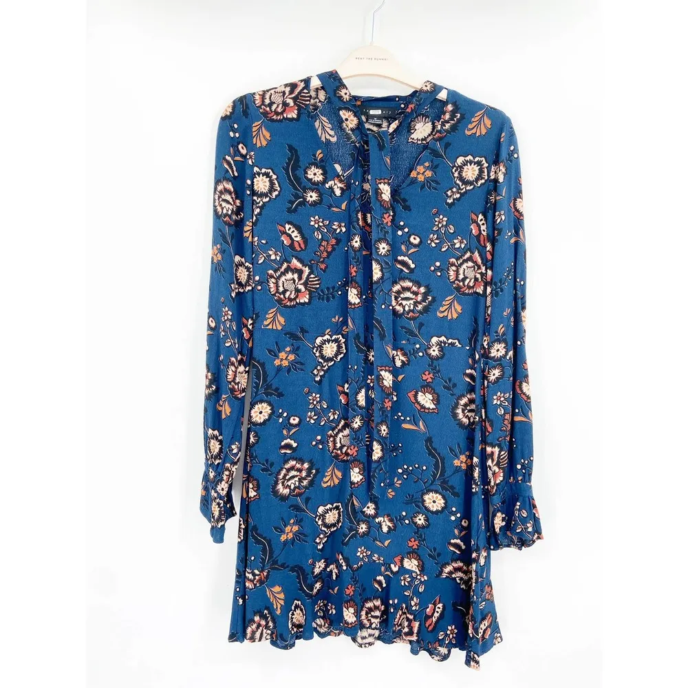 Sanctuary Harvest Moon Navy Blue Floral Print Tie Neck Long Sleeve Dress Size M - Image 2