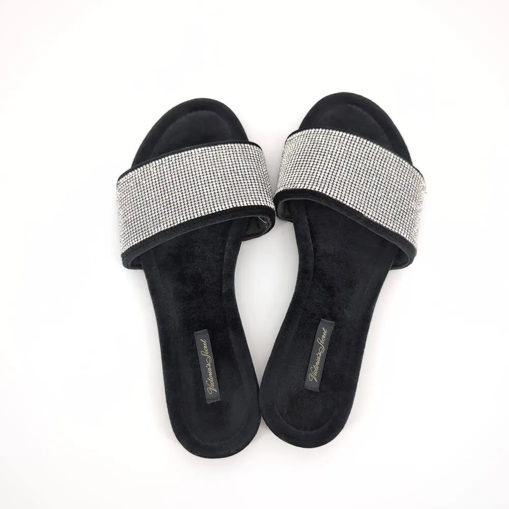 Victoria's Secret Rhinestone Embellished Black Velvet Slippers Slides Size M GUC - Image 4
