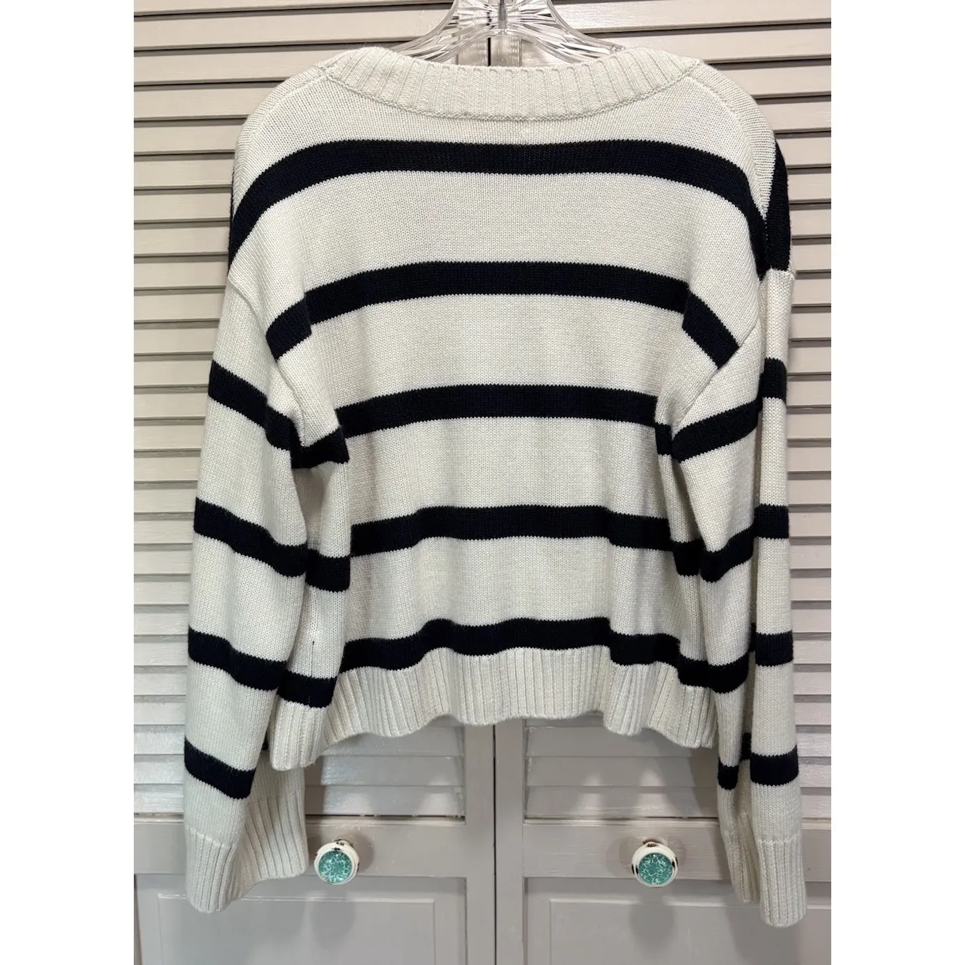 H&M Button Up Striped Oversized Knit‎ Cardigan Size M Long Sleeve Blk/Cream - Image 4