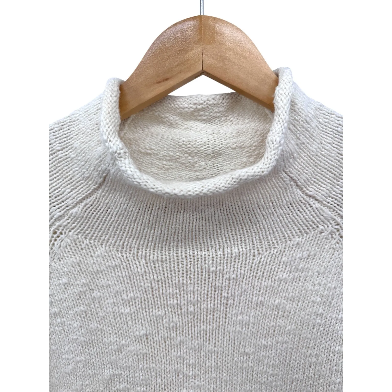 L.L. Bean Cream Cotton Ragg Sweater Funnel Neck Slub‎ Knit Pullover Women M - Image 3