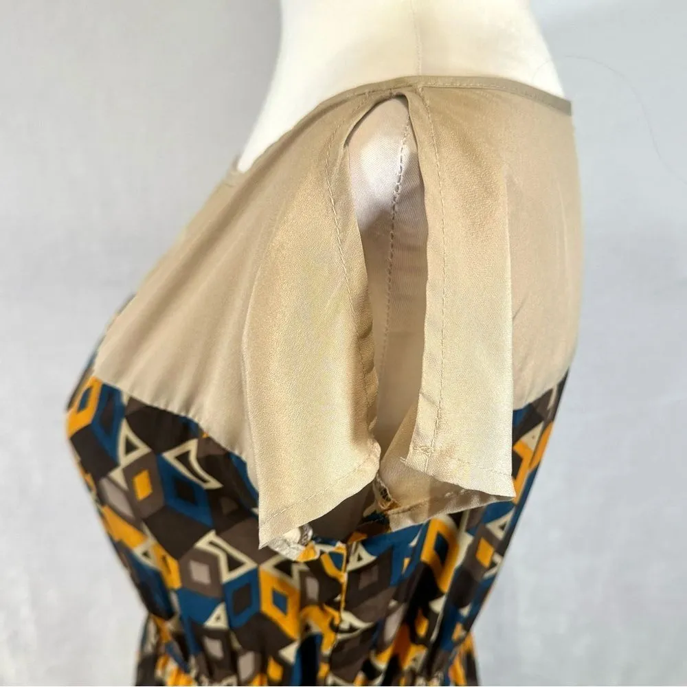 Tan gold and teal geometric print color block cotton blend maxi dress size small - Image 4