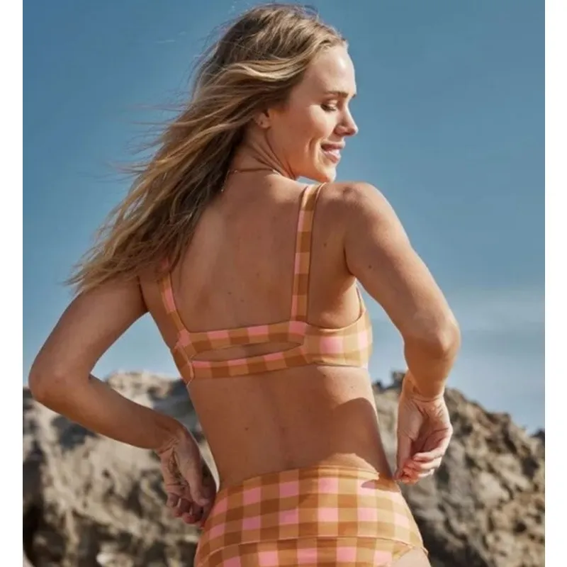 L*Space Jess Bikini Top in Brown Pink Plaid Size D NWT - Image 2