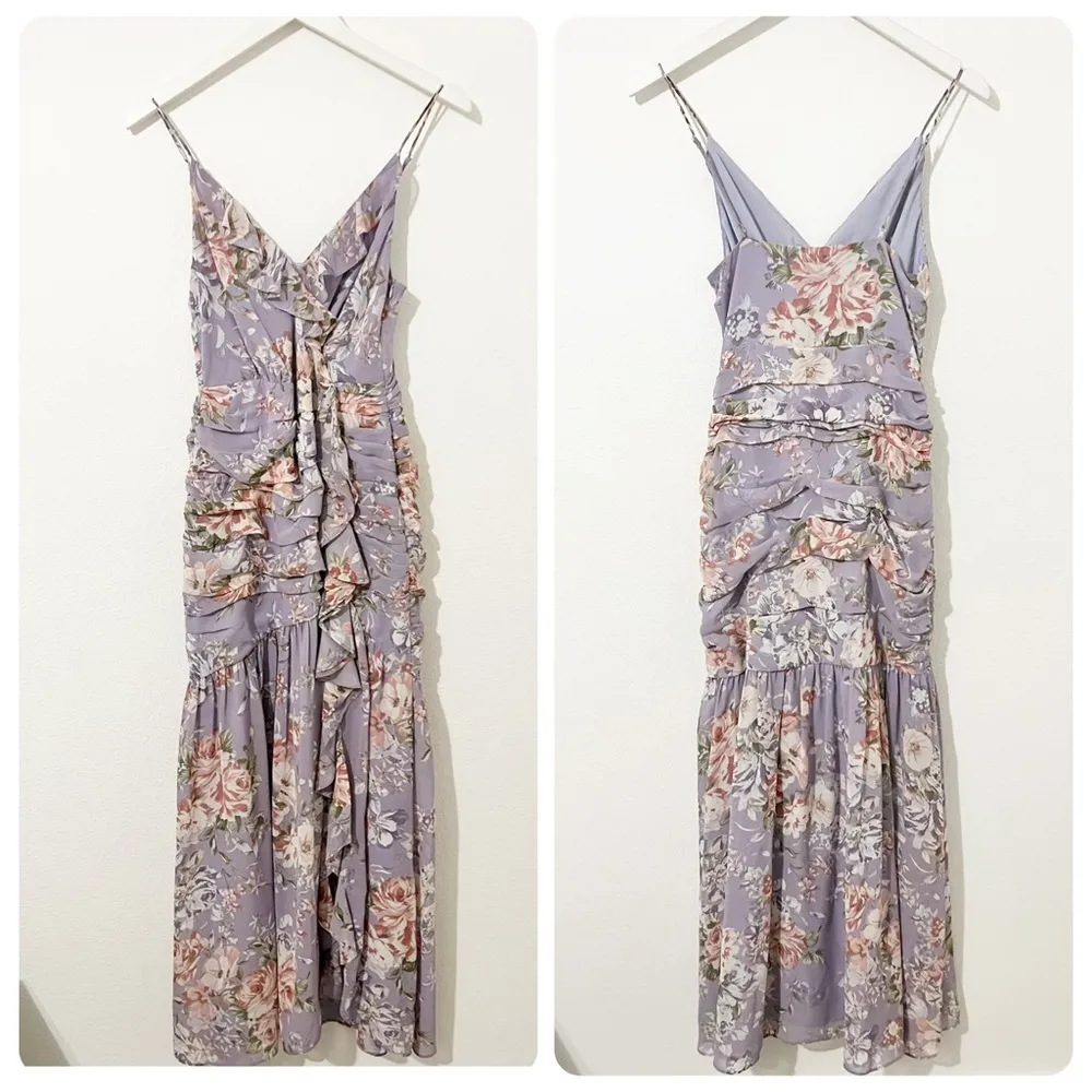 NEW Free People ASTR The Label Kiana Purple Floral Ruched Midi Dress Size Small - Image 3