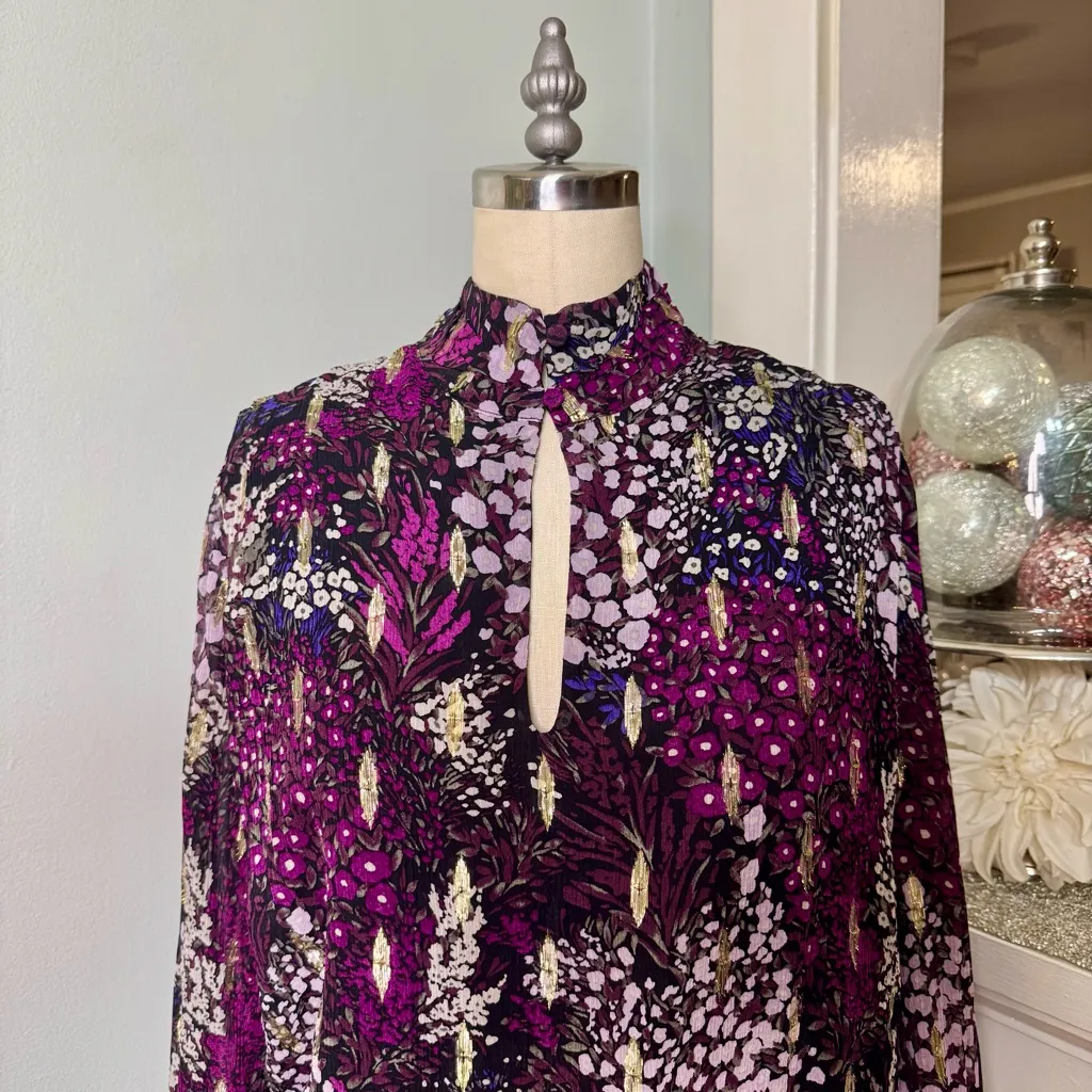 White House Black Market Long Sleeve Floral Metallic Blouson Blouse Purple 10 - Image 4