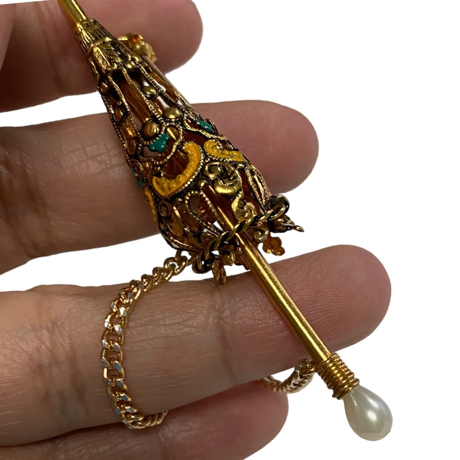 Vintage Umbrella Enamel Parasol Pin Brooch Gold Toned Damascene Pearl Handle - Image 4