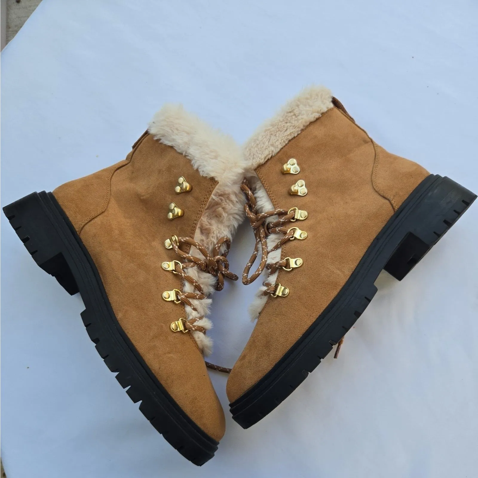 J Crew Winter Hiking Boots Faux Fur Combat Lace Up Brown 10.5 Women’s - Image 2