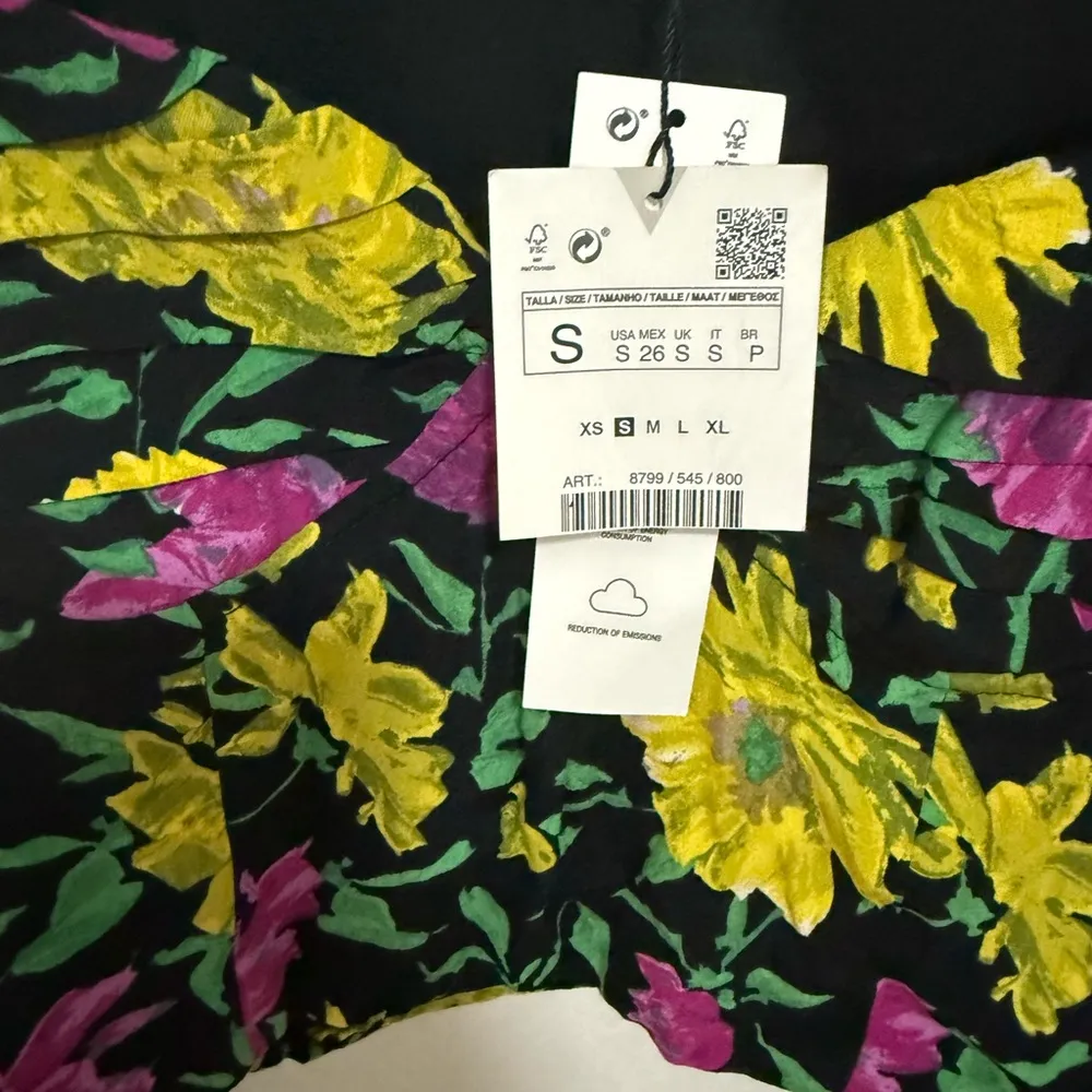 Zara Black Pink Green Floral Print Crop Top Small Sweetheart Neck Long Sleeve - Image 7