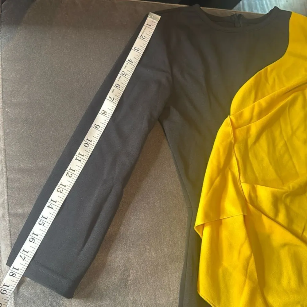 Women’s Black & Yellow Asymmetrical Ruffled Front Midi Dress 3/4 Sleeve Size S - Image 8