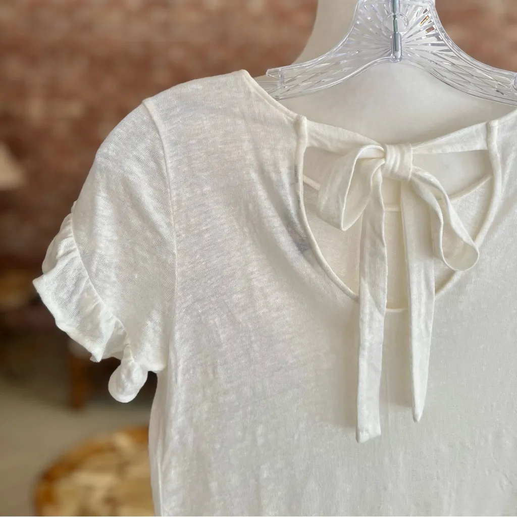 Vineyard Vines Tee Shirt Ruffle Short Sleeve Ivory Linen Tie Back Top XXS Casual - Image 9