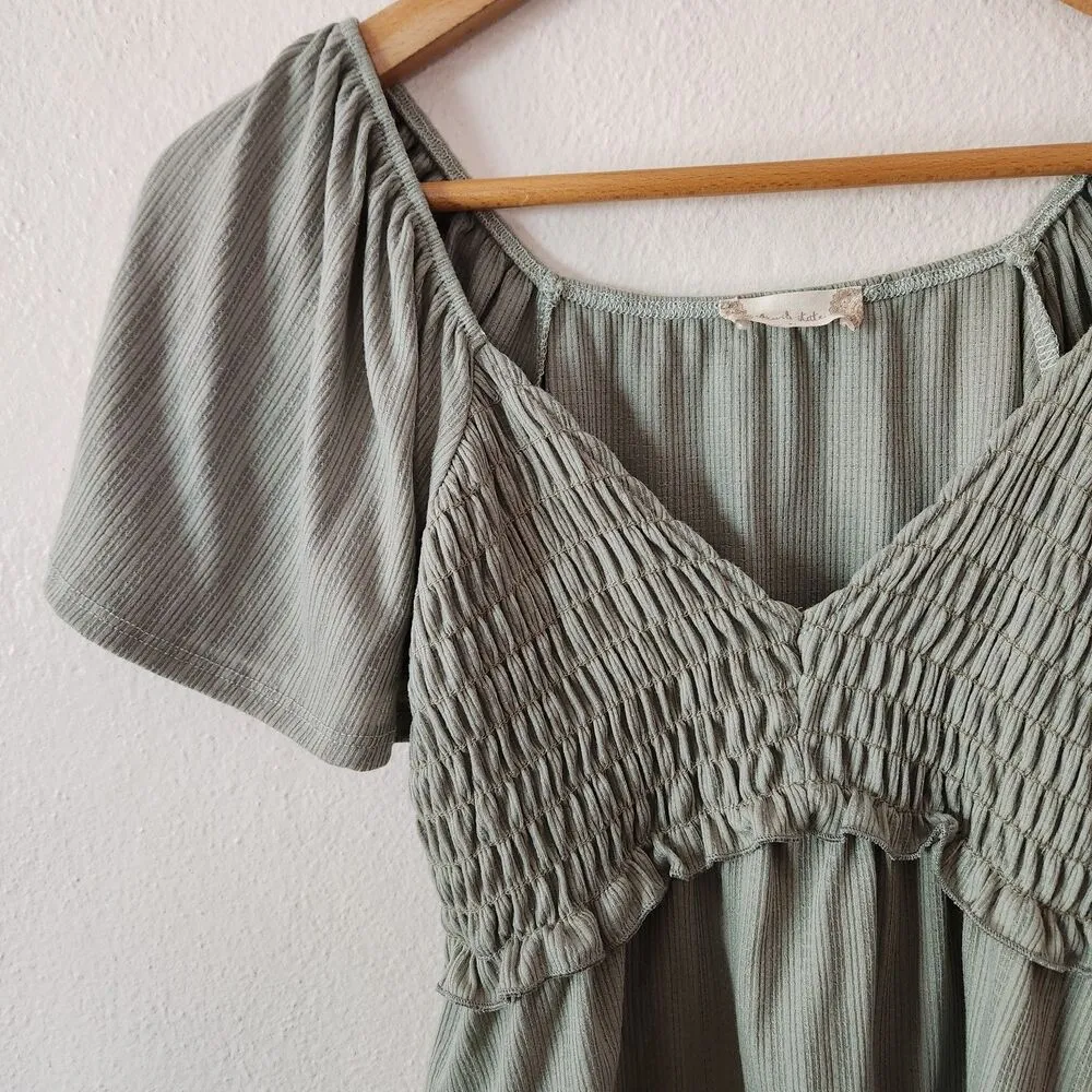 Altar’d State Bridgette Babydoll V Neck Smocked Top Blouse Sage Green Size M - Image 6