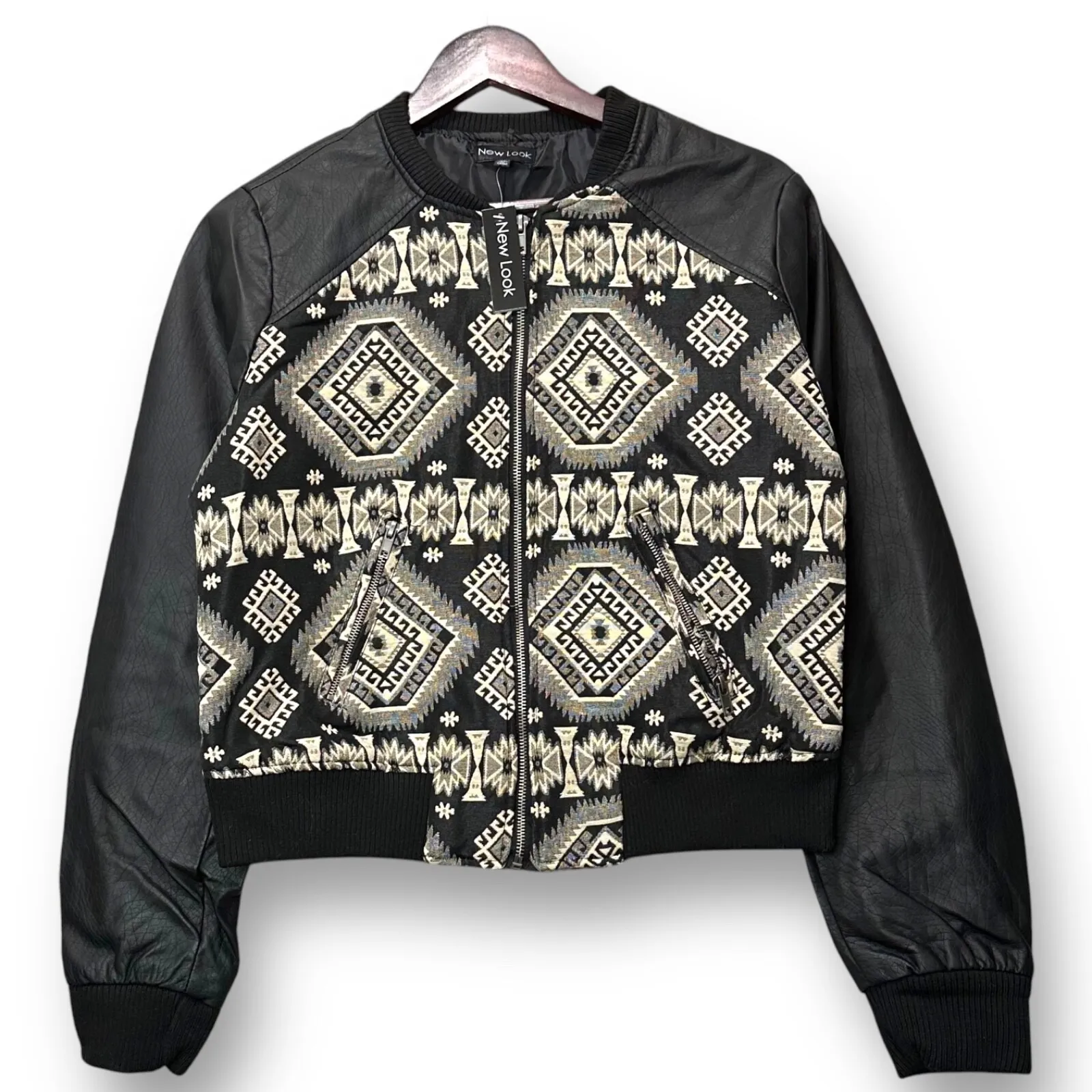 Women's Faux Leather Aztec Embroidered Bomber Jacket Small Boho‎ Tribal Festival - Image 2