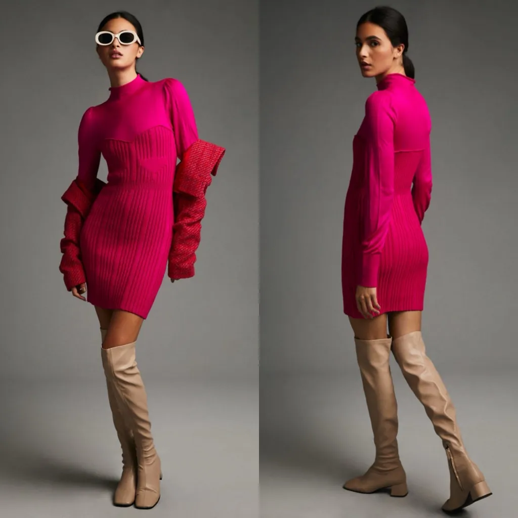 Anthropologie Pink Turtleneck Sweater Dress Long Sleeve Fitted Ribbed Mini - Image 2