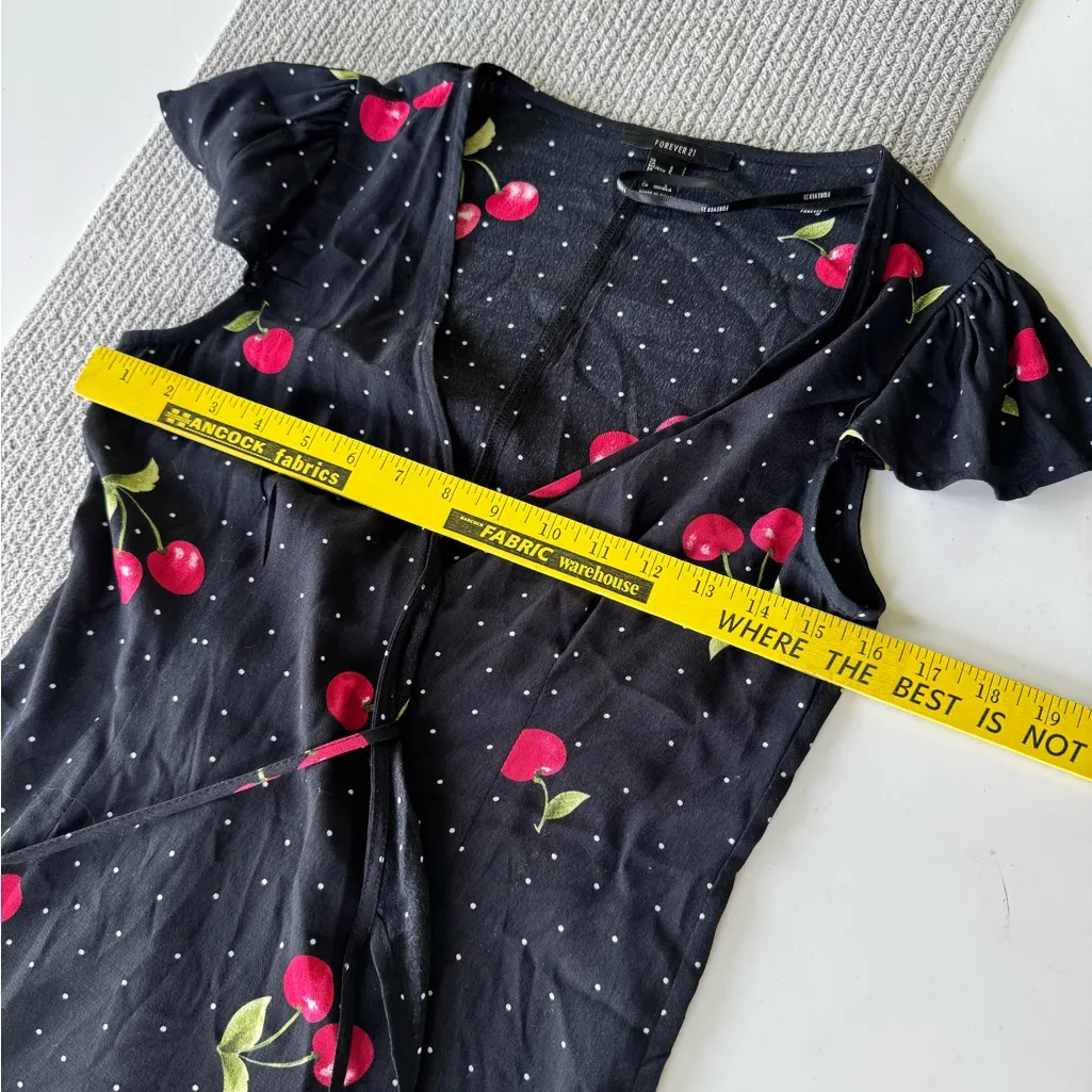 Vintage Y2K Forever 21 Black Red Cherry Print Polka Dot Wrap Dress Size Small - Image 8