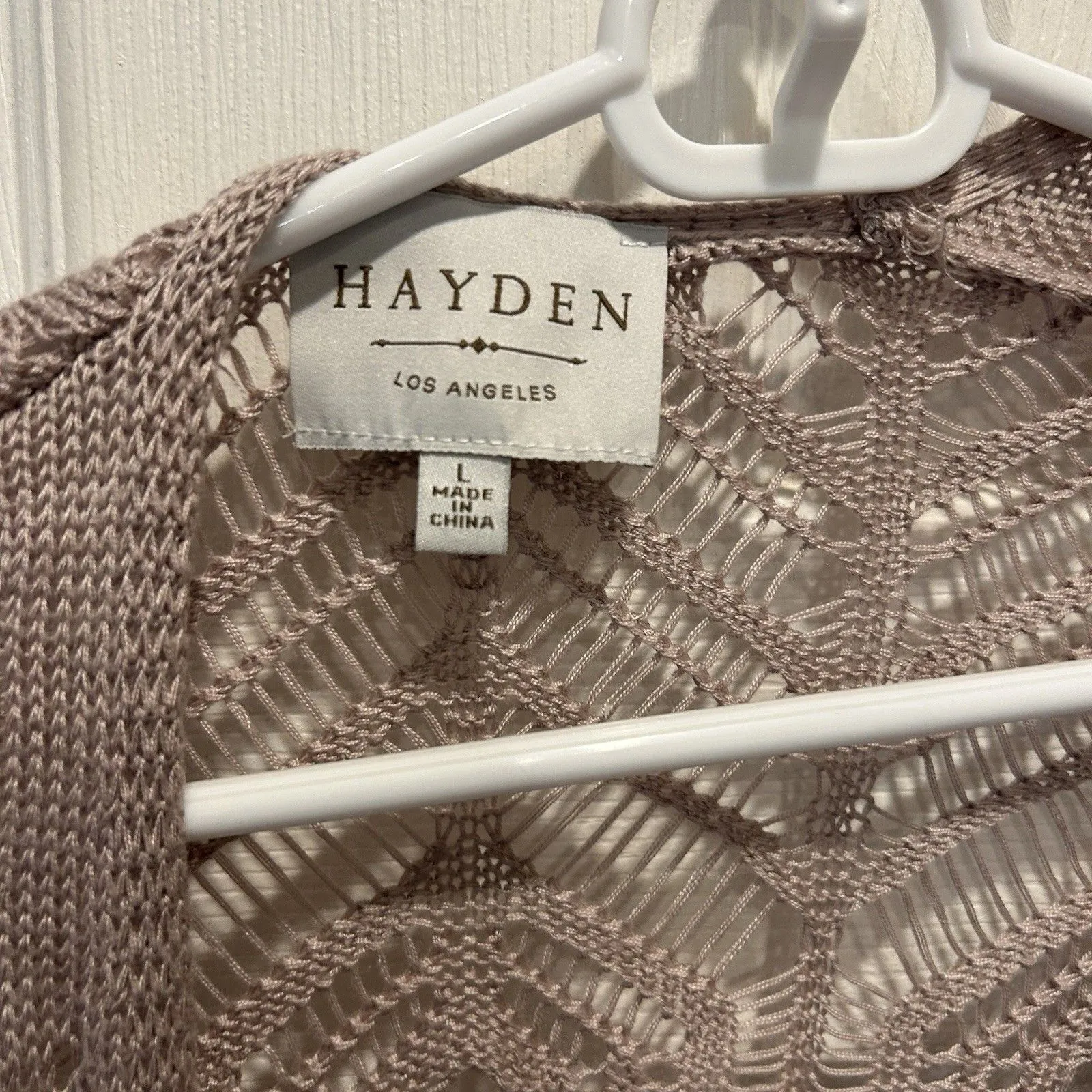 Hayden Los Angeles Boho Open Cardigan Sweater‎ Large Crochet Dusty Pink Fringe - Image 4