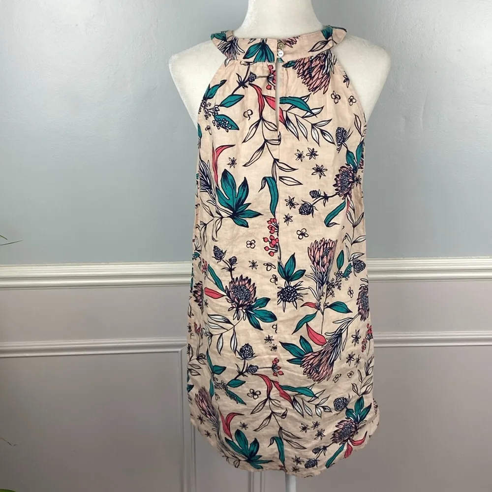 Linen Mini Dress Size S Pale Pink Blue Floral Sleeveless Shift - Image 8