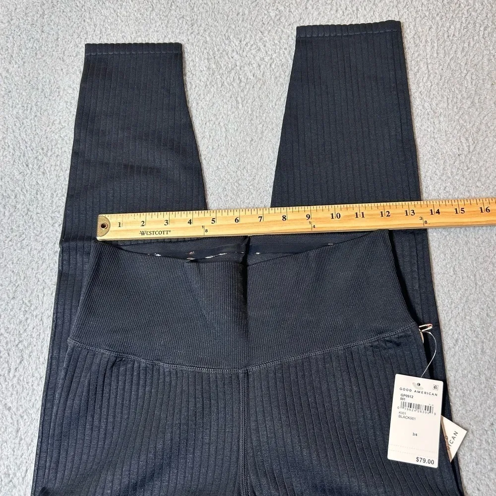 Good American Leggings Womens 3/4 Black Wide Ribbed‎ Shine Seamless Leggings NEW - Image 8