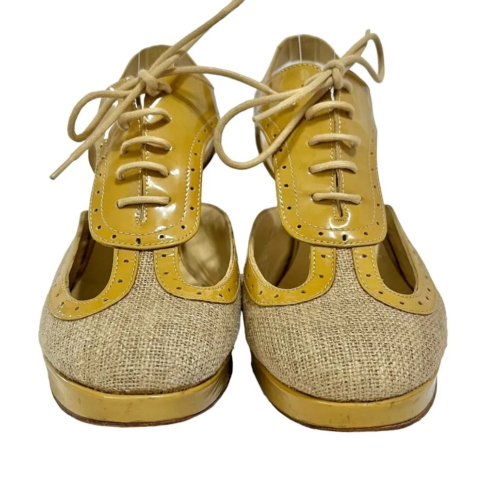 Oxford Lace-Up Canvas Patent Leather Cut-Out Slingback Heels - Image 3