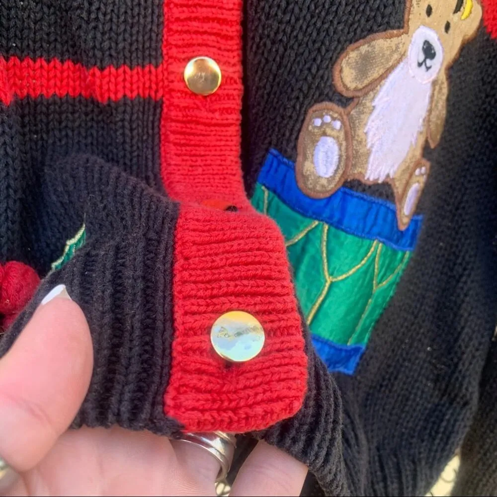 Vintage knit ugly Christmas cardigan sweater sampler applique bell present tree Red Size L - Image 6