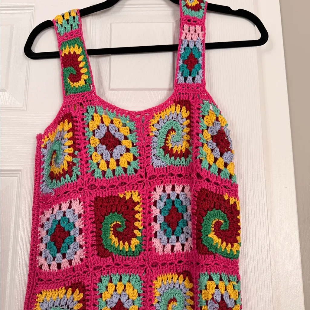 Cotton Emporium Crochet Fuscia Pink Multicolor Sleeveless Dress Beach Vacation - Image 2